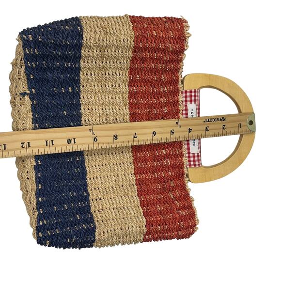 Vintage Tommy Hilfiger Straw Wicker Purse Tote Wooden Handles Lined Red Blue Y2K - Picture 5 of 6